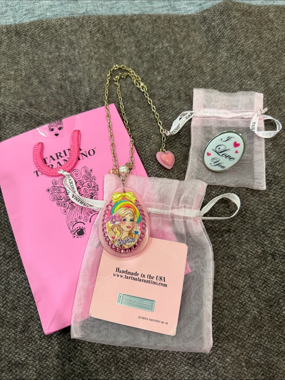 Tarina Tarantino Barbie Pink Teardrop Pendant Necklace and I love You Ring RARE